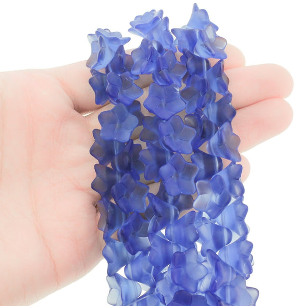 Flower Glass Beads 13.5mm x 13mm - Frosted Royal Blue - 1 Strand 50 Beads - BD1384