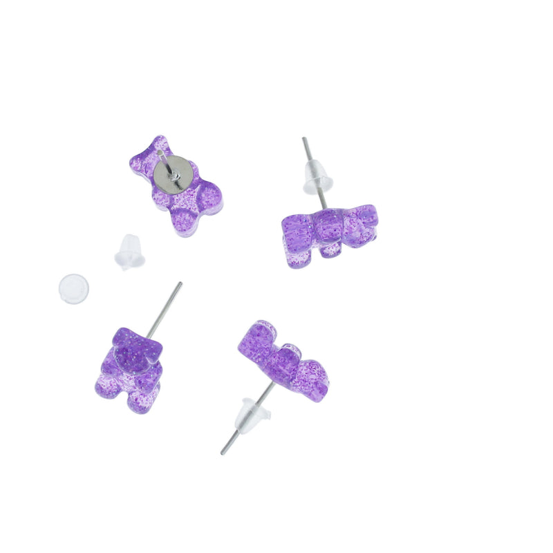 Resin Earrings - Purple Candy Bear Studs - 12mm x 8mm - 2 Pieces 1 Pair - ER383
