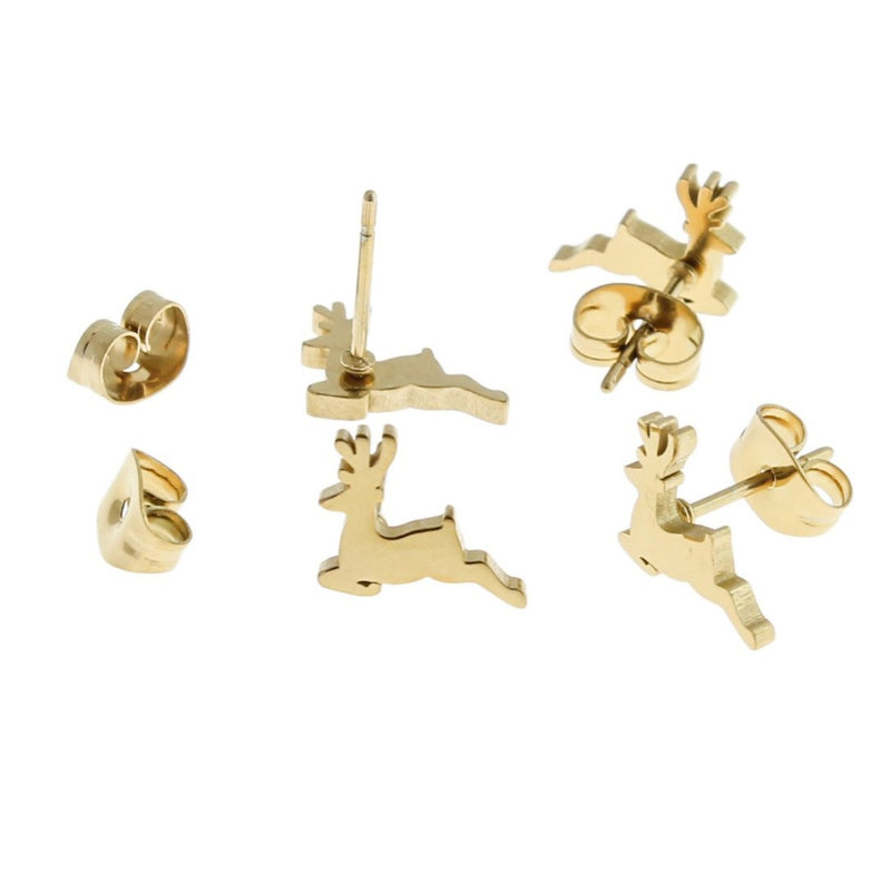 Gold Stainless Steel Earrings - Reindeer Studs - 10mm x 8mm - 2 Pieces 1 Pair - ER463
