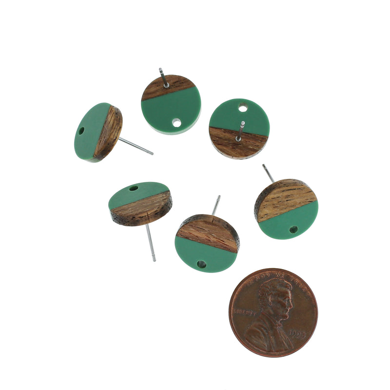 Wood Stainless Steel Earrings - Forest Green Resin Round Studs - 14mm - 2 Pieces 1 Pair - ER285