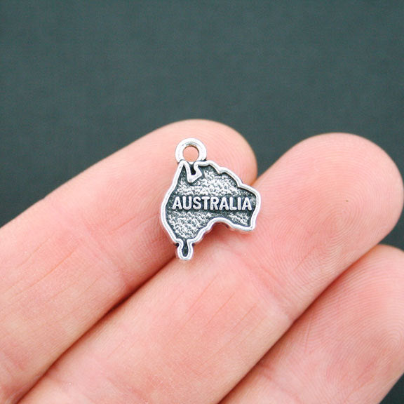 4 Australia Map Antique Silver Tone Charms 2 Sided - SC5187
