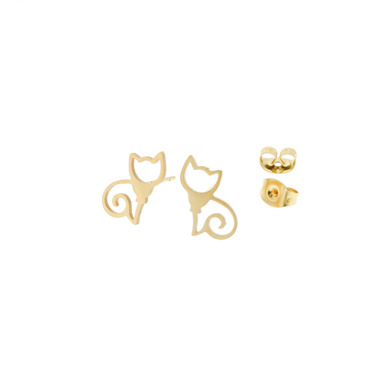 Gold Stainless Steel Earrings - Cat Studs - 13mm x 8mm - 2 Pieces 1 Pair - ER057