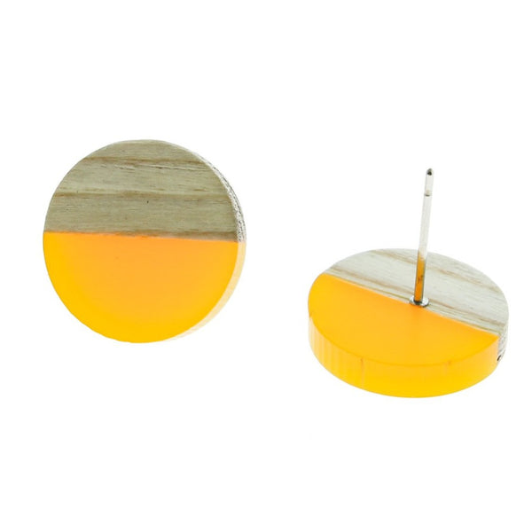 Wood Stainless Steel Earrings - Yellow Resin Round Studs - 15mm - 2 Pieces 1 Pair - ER103
