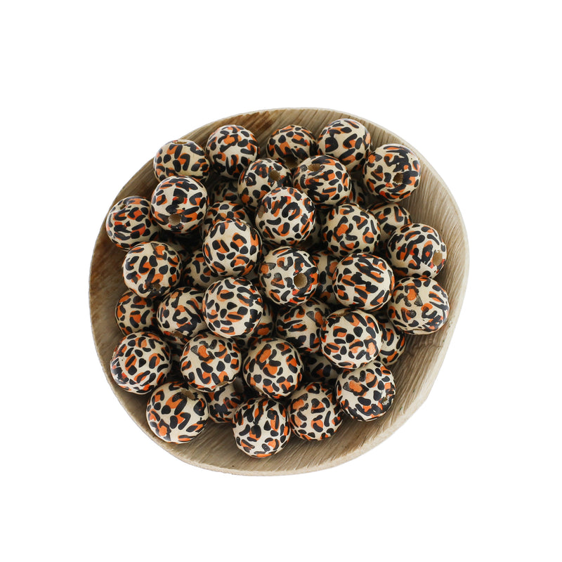 Round Wood Beads 13mm - Leopard Print - 10 Beads - BD639