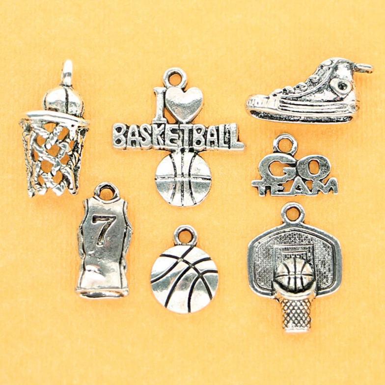 Collection de breloques de basket-ball ton argent antique 7 breloques différentes - COL064