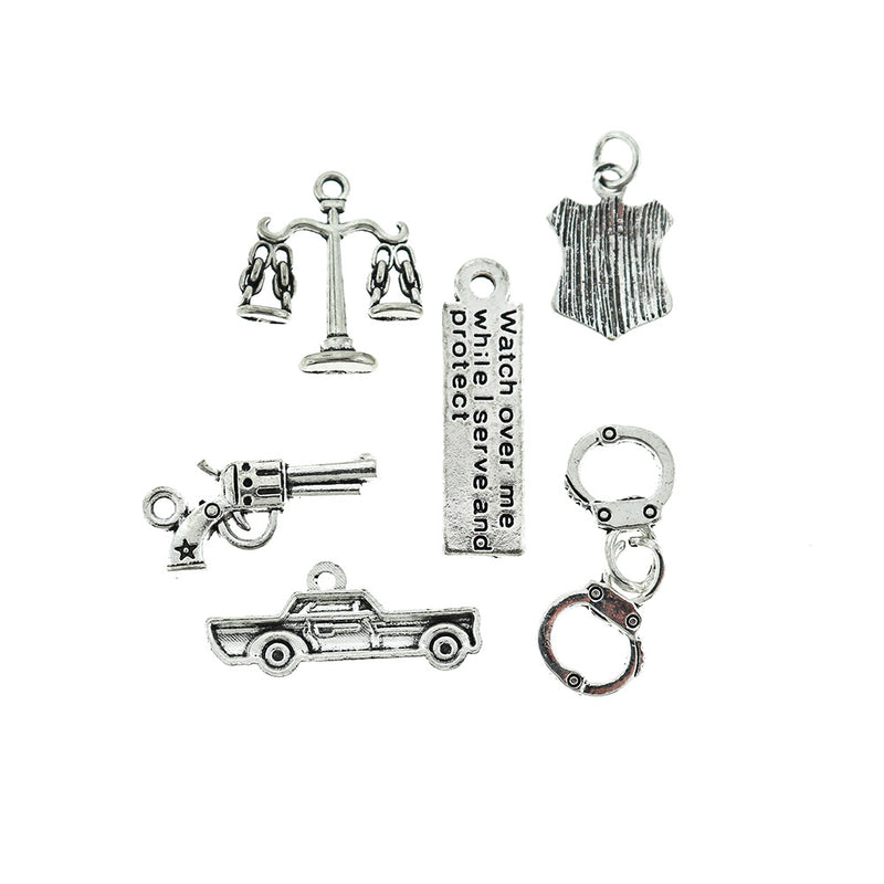 Police Charm Collection Antique Silver Tone 6 Different Charms - COL063