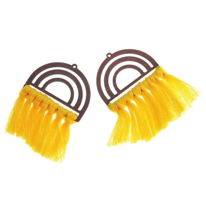 Polycotton Fan Tassels - Natural Wood and Yellow - 2 Pieces - TSP322