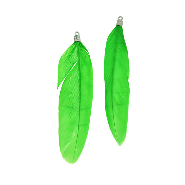 Feather Pendants - Silver Tone and Bright Green - 12 Pieces - TSP151