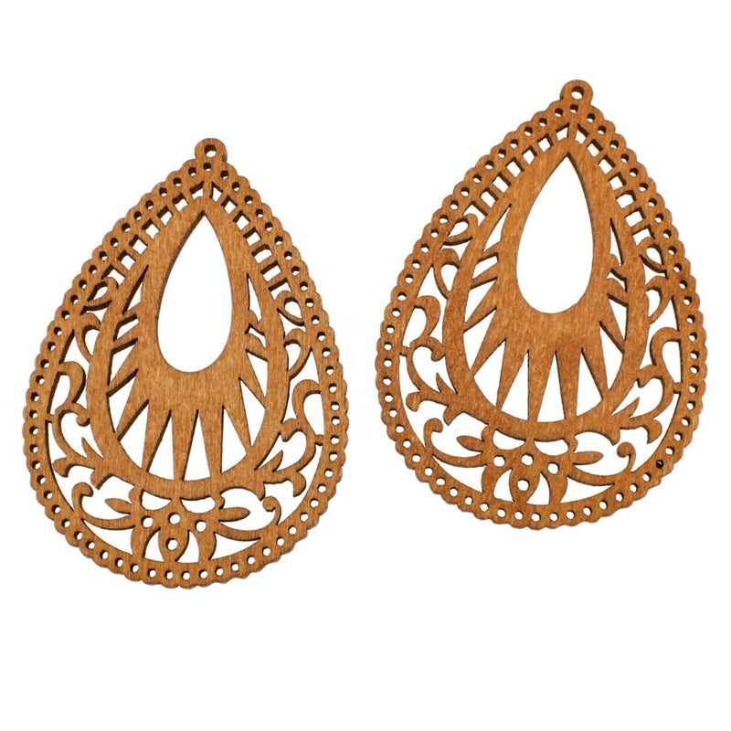 4 Teardrop Filigree Natural Wood Charms - WP147