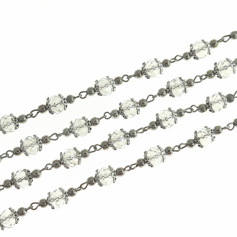 BULK Beaded Rosary Chain - 8mm Rondelle Clear Glass & Silver Tone - 3.3ft or 1m - RC042