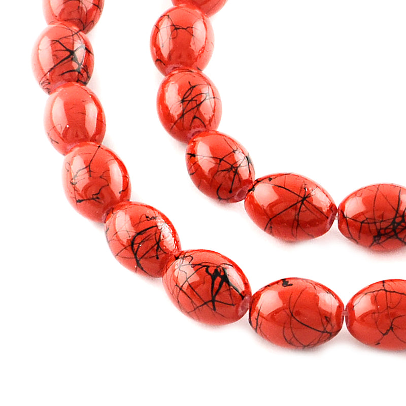 Oval Glass Beads 14mm x 10mm - Ruby Red With Black - 1 Strand 52 Beads - BD1134