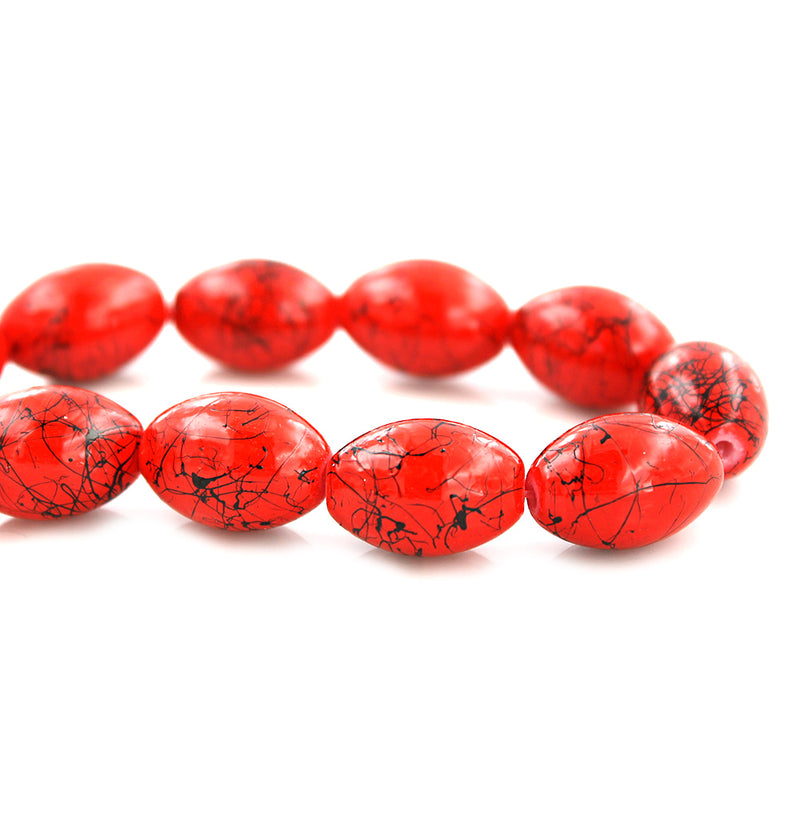 Oval Glass Beads 14mm x 10mm - Ruby Red With Black - 1 Strand 52 Beads - BD1134