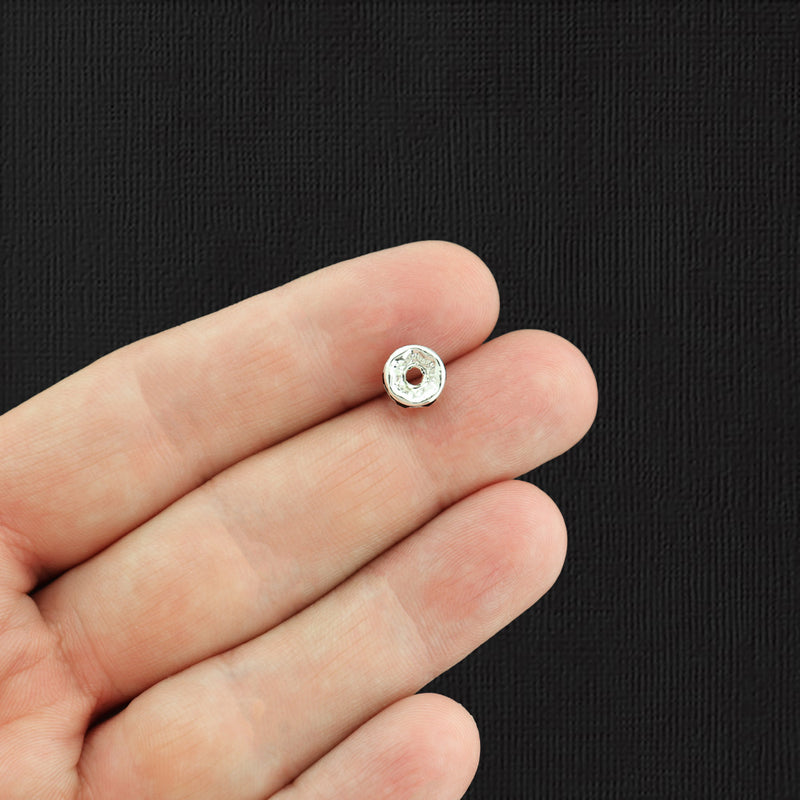 Rondelle Spacer Beads 7mm x 3.3mm - Ton argenté avec strass noirs incrustés - 25 Perles - SC6373