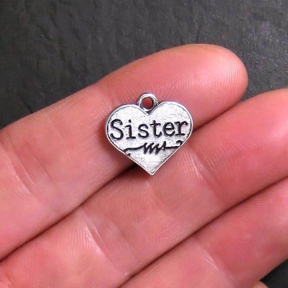 BULK 20 Sister Antique Silver Tone Charms 2 Sided - SC612