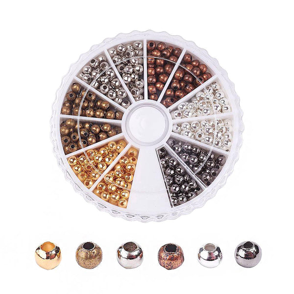 Assortiment de perles d'espacement avec six finitions dans une boîte de rangement pratique - 3 mm x 3 mm - FD550