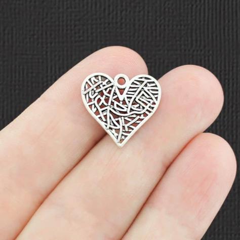 10 Heart Antique Silver Tone Charms 2 Sided - SC7180