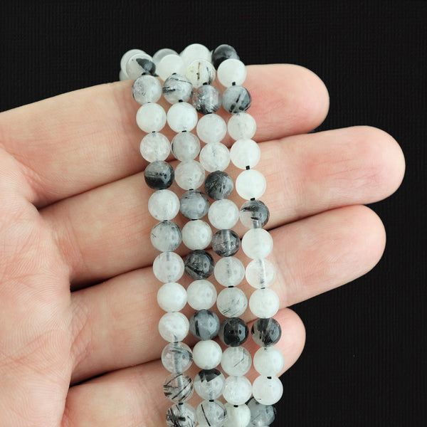 Perles rondes en quartz rutilé naturel 6 mm - Gris et noir - 1 brin 31 perles - BD1747