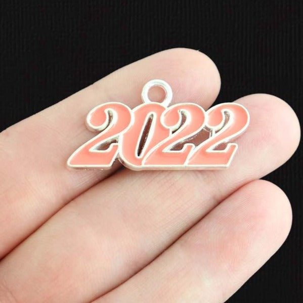 SALE 2 Pink Year 2022 Silver Tone Enamel Charms - E1492