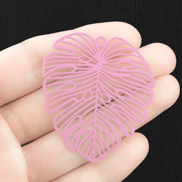 2 Filigree Tropical Leaf Pink Enamel Charms 2 Sided - E1306