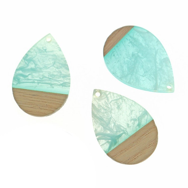 Teardrop Natural Wood and Turquoise Swirled Resin Charms 36mm - WP557