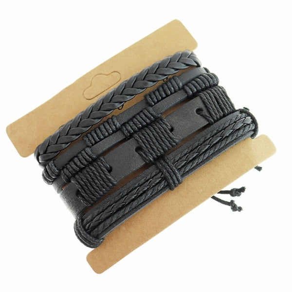 Bracelet Ajustable Simili Cuir Noir 2.3" - 5mm - 1 Set 4 Bracelets - N823