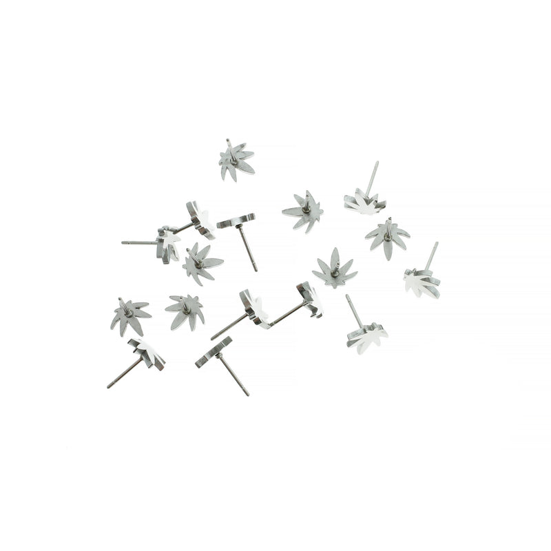 Weed Leaf Stainless Steel Earring Studs - 8.5mm - 10 Pieces 5 Pairs - Z155