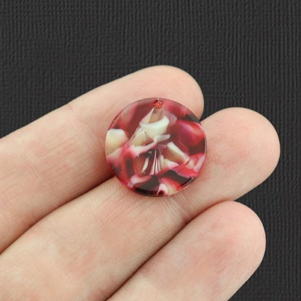 2 Round Raspberry Marble Acetate Resin Charms - K393