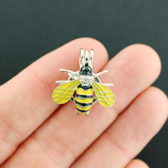 Bee Bead Cage Antique Silver Tone and Enamel Charm With Rhinestones 3D - SC7909