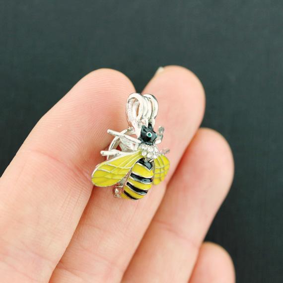 Bee Bead Cage Antique Silver Tone and Enamel Charm With Rhinestones 3D - SC7909