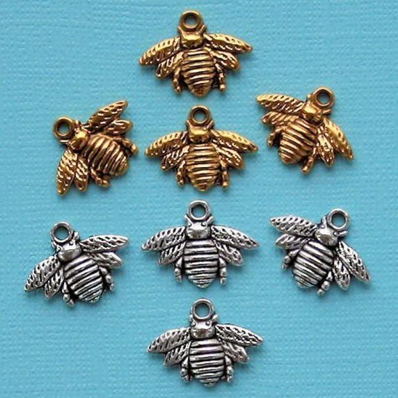 Bee Charm Collection Antique Silver and Gold Tone 8 Charms - COL288