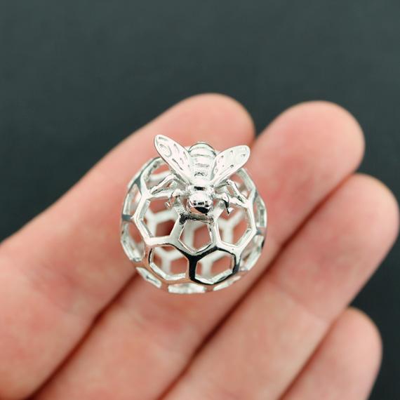 Bee Honeycomb Silver Tone Charm 3D - SC1850