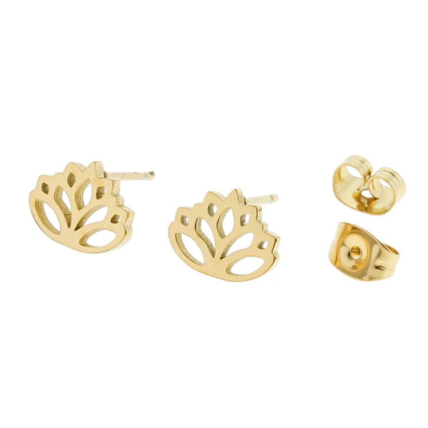 Gold Stainless Steel Earrings - Lotus Studs - 10mm x 8mm - 2 Pieces 1 Pair - ER051