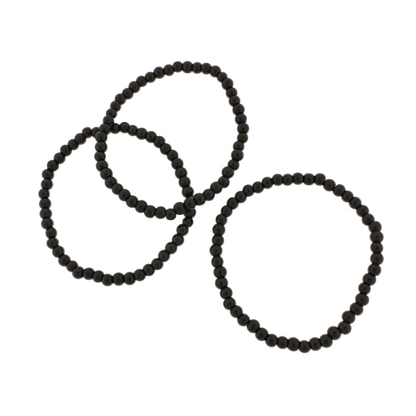 Round Glass Bead Bracelets - 52mm - Polished Black - 5 Bracelets - BB048