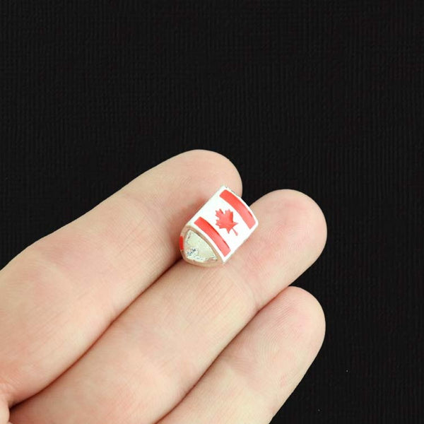 Canada Flag Spacer Metal Beads 12mm x 10mm - Silver Tone and Red Enamel - 4 Beads - E1476
