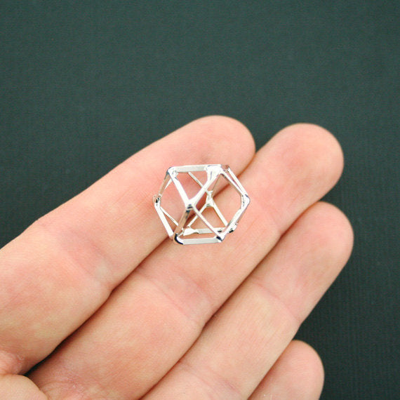 2 breloques hexagonales prisme ton argent antique 3D - SC5583
