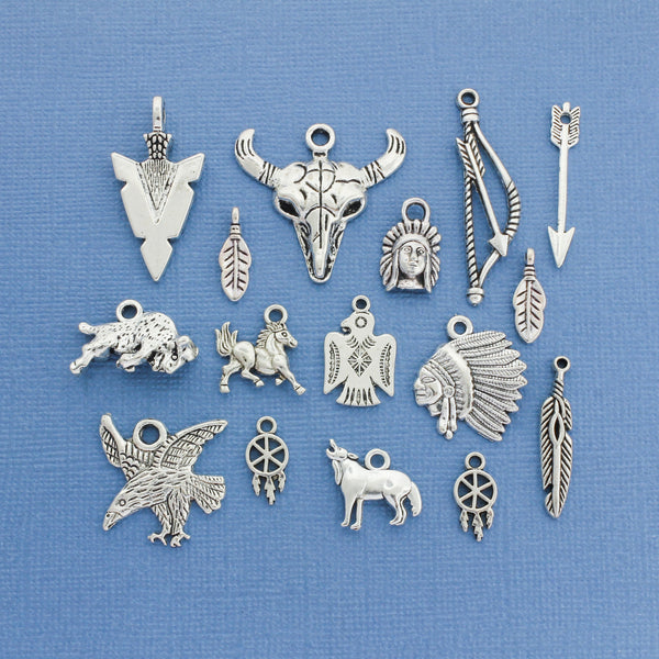Deluxe Native American Charm Collection Antique Silver Tone 16 Charms - COL129