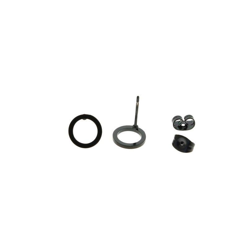 Gunmetal Black Stainless Steel Earrings - Circle Studs - 9mm x 9mm - 2 Pieces 1 Pair - ER030
