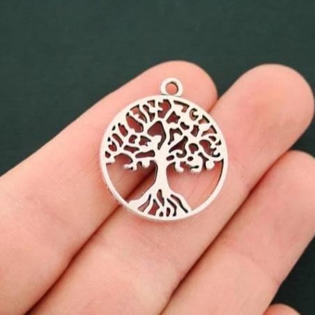 BULK 30 Tree of Life Antique Silver Tone Charms 2 Sided - SC3170