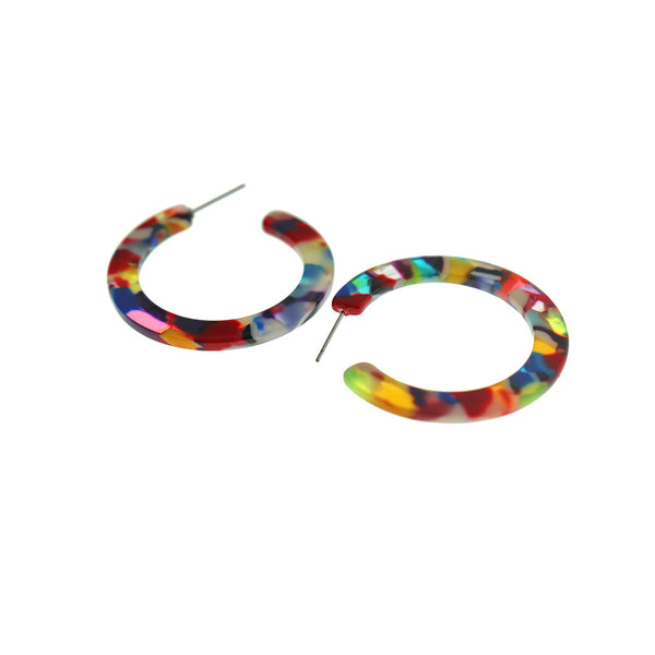 Boucles d'Oreilles Demi Créoles en Acier Inoxydable et Résine - Arc-en-Ciel - 2 Pièces 1 Paire - ER075