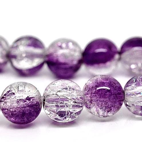 Round Glass Beads 10mm - Purple and Clear Crackle - 1 Strand 85 Beads - BD100
