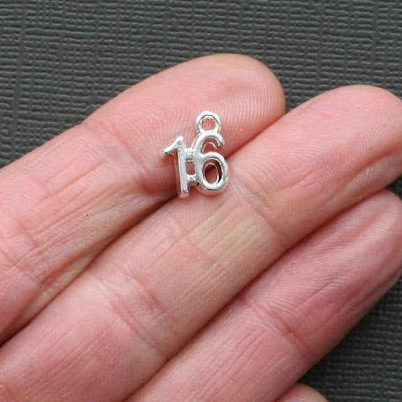 4 Number 16 Silver Tone Charms - SC2166