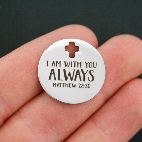 Matthew 28:20 Stainless Steel Cross Charms - I am with you always - BFS023-0798