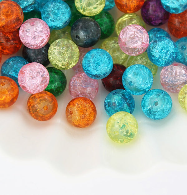 Perles de verre rondes 10 mm - Craquelé arc-en-ciel assorti - 100 perles - BD086