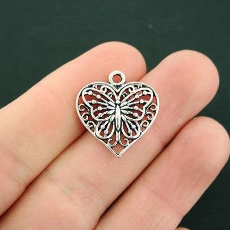 BULK 30 Butterfly Heart Antique Silver Tone Charms - SC6091
