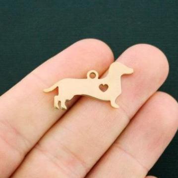 5 Dachshund Gold Tone Stainless Steel Charms 2 Sided - MT450