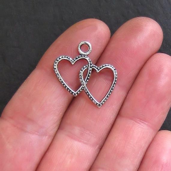 BULK 50 Hearts Antique Silver Tone Charms 2 Sided - SC772