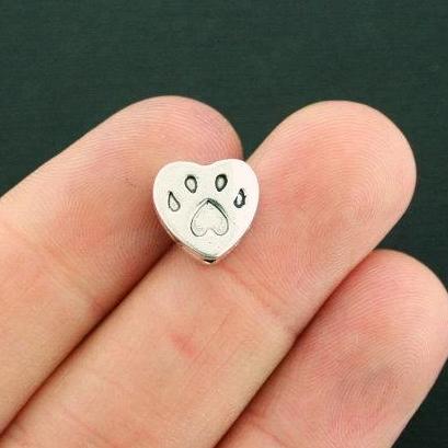 Heart Paw Print Spacer Beads 12mm x 11mm - Silver Tone - 50 Beads - SC7581
