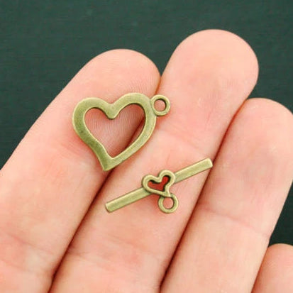 Heart Bronze Tone Toggle Clasps 19mm x 16mm - 6 Sets 12 Pieces - BC1705