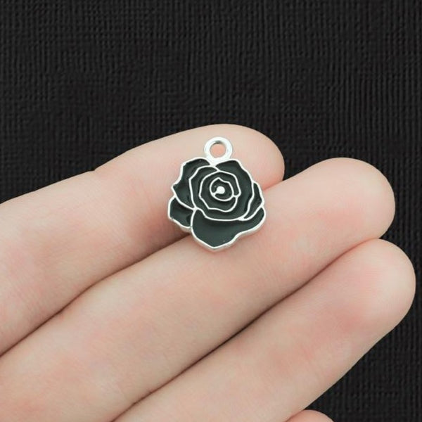 4 Black Flower Silver Tone Enamel Charms - E1220