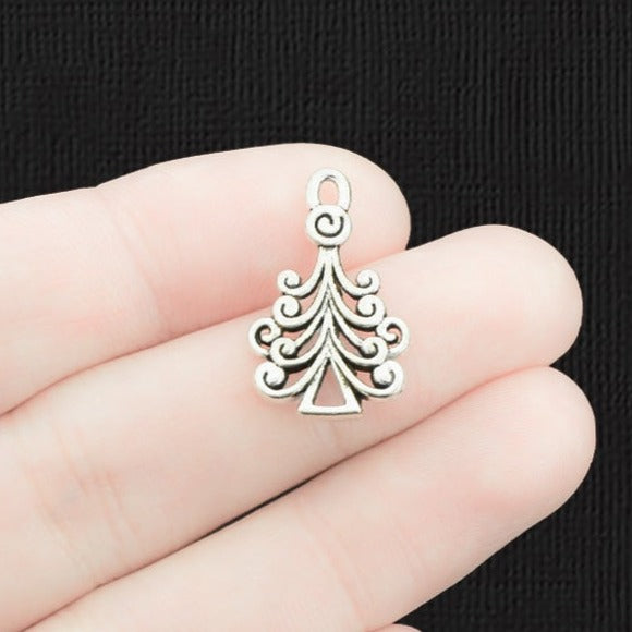 4 Christmas Tree Antique Silver Tone Charms 2 Sided - XC069